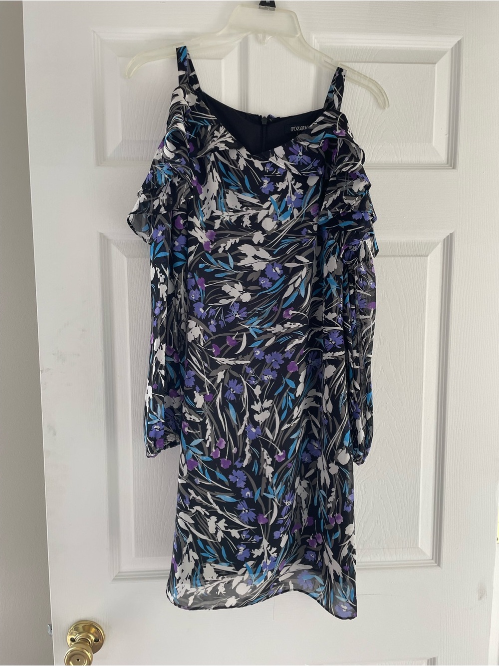 Roz & Ali Black Cold-Shoulder Floral Midi Dress with Purple & Blue Accents